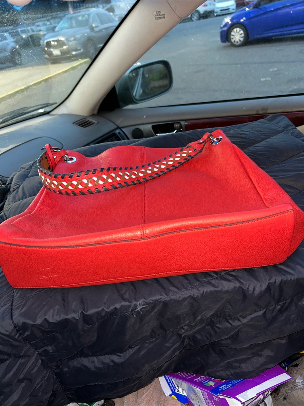 Vince Camuto Bright Red Leather Shoulder Hobo with Silver Rings - Picture 7 of 8